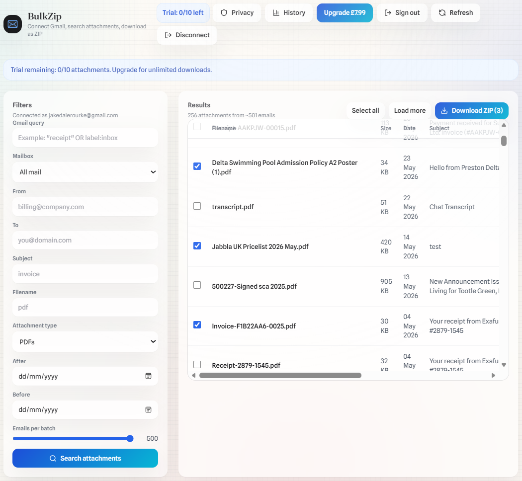 BulkZip app screenshot showing filters, search results, and ZIP download button